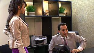 slutty secretary in fishnets and heels bends over bed for big cock doggystyle then rides cowgirl with cumshot facial