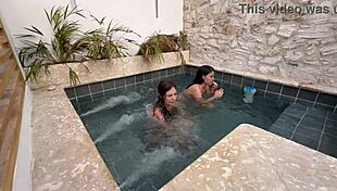 Two horny colombian lesbians finger pussies in public pool fearing discovery