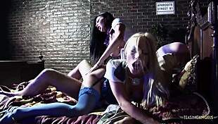 blonde milf's natural tits bounce wildly in bed threesome action