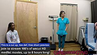 Nurse giggles spreads shaved pussy for patient backstage fingering fun