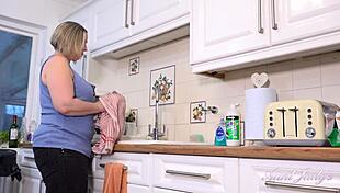 auntjudys' plump 48yo bbw milf soaks kitchen with wet natural tits play