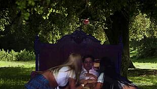 blonde milf's natural tits bounce wildly in bed threesome action