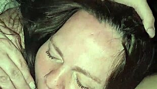 Milf gulps deep down cock throating while squeezing tits