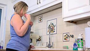 auntjudys' plump 48yo bbw milf soaks kitchen with wet natural tits play