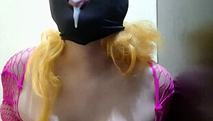 cute tgirl sucks black dildo then eats her own cum