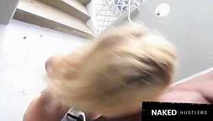 thick blonde milf sucking big black cock on public stairs outside 🔥🍆👅