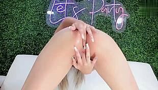 Blonde fingers juicy pussy then friend fucks her hard missionary style!