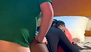 amateur ebony slut sucks and fucks white guy doggystyle bent over in hood bedroom