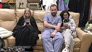 backstage nurse jasmine in fishnets gets choked gagged and cum blasted on thighs by patient