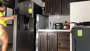 argentinian dude roughly fucks colombiana's fat pussy doggystyle in kitchen till squirt