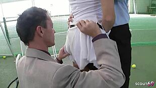Nympho Tennis Girl Begs for Anal DP and Cumshot on Court