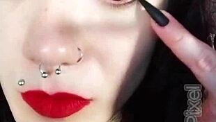 backstage with hot brunette neighbor in uniform teasing her pierced tongue