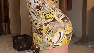 joan day slips into see-through tights teasing her chubby curvy ass and body