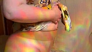 joan day slips into see-through tights teasing her chubby curvy ass and body