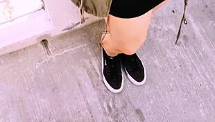 Young woman flashes public then hands over soaked panties for outdoor fun