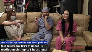 blaire celeste bound as nurse patient in hospital backstage for feet tickling and gaping play