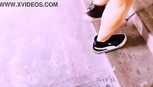 Young woman flashes public then hands over soaked panties for outdoor fun