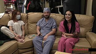 blaire celeste bound as nurse patient in hospital backstage for feet tickling and gaping play