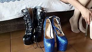 Obsessed milf indulges patent leather stilettos pantyhose high heel frenzy worship