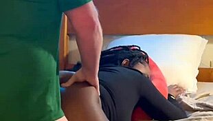 amateur ebony slut sucks and fucks white guy doggystyle bent over in hood bedroom