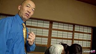 old rich guy convinces busty japanese waitress for uncensored creampie in restaurant