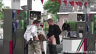 super pregnant cutie bends over for two guys' cocks at public gas station doggy orgy