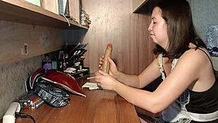 Caught the cute asian maid rubbing her juicy pussy while cleaning