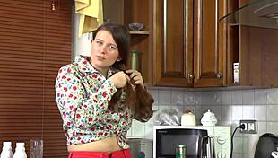 Stunning babe's hairy armpits and pussy tease you in kitchen homemade!