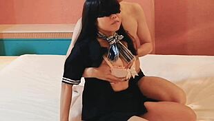 Homemade big tits wife in pink lingerie stewardess cosplay caressed to climax