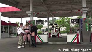 super pregnant cutie bends over for two guys' cocks at public gas station doggy orgy