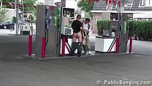super pregnant cutie bends over for two guys' cocks at public gas station doggy orgy