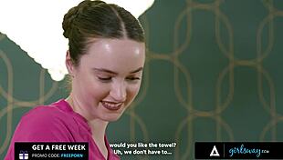 hazel moore massages busty client into steamy lesbian sex