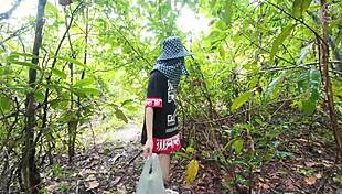 Thai babe hikes skirt flashing wet pussy on public garden trail