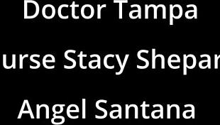 angel santana's shaved pussy moans under backstage face fuck cum blast