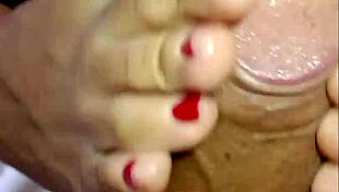 my sexy pierced nipple girl gives footjob leading to creampie closeup