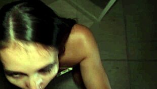 Brunette gags on deepthroat face fuck swallowing huge cum load outdoors