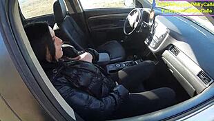 Tight leather pants wet surprise car blowjob forest?