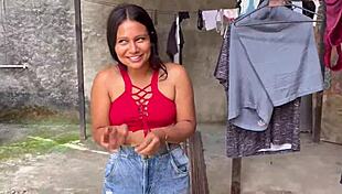 Neighbor pays for latina wife's yoga pants ripped off public lick fuck