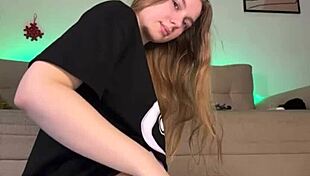 Teen in Sexy Stockings Fingers Big Tits and Pussy to Shaking Orgasm Closeup