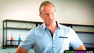 Step daddy grabs quick deepthroat face fuck saliva spit on naughty teen whore mouth