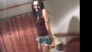 Watch this thai ladyboy dance in her jean skirt, stripping to reveal huge tits!