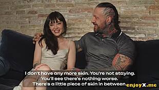 Hey, check out this tattooed guy pounding that tasty brunette's shaved pussy hardcore while she rides cowgirl!