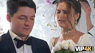 Vip4k. Dirty talking bride in wedding dress takes hard anal creampie as guests watch outdoors.