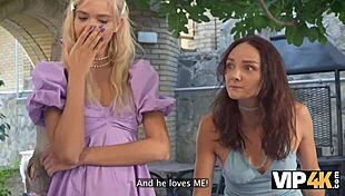 Vip4k. Dirty talking bride in wedding dress takes hard anal creampie as guests watch outdoors.