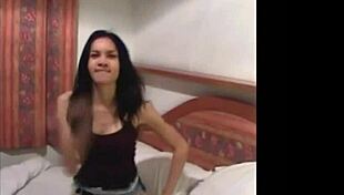 Watch this thai ladyboy dance in her jean skirt, stripping to reveal huge tits!