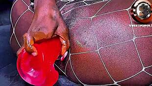 Skinny ebony slut rides big black cock anal with buttplug moans