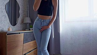 Teen rips jeans peeing wet desperation tight pussy exposed