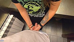 horny milf begs stranger to creampie her tight pussy in public toilet