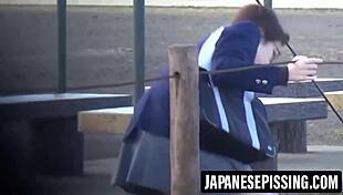 cute japanese girl pees forcefully on bathroom floor then wipes it clean