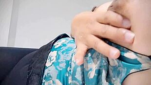 Hungover latina babe squeezes huge tits hard after party binge